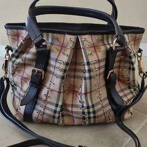 Bulberry Haymarket Check Canvas and Chocolate Leather Metal Stitch Large Bag